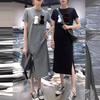 New Summer Black and White Cat Print Slit Dress - Loose, Slimming, Short Sleeve Women's Fashion