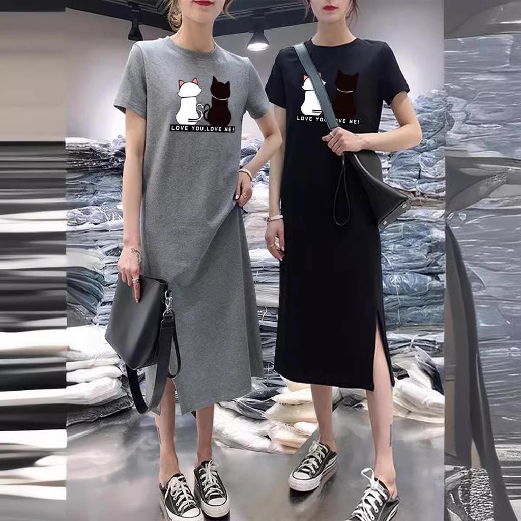 New Summer Black and White Cat Print Slit Dress - Loose, Slimming, Short Sleeve Women's Fashion
