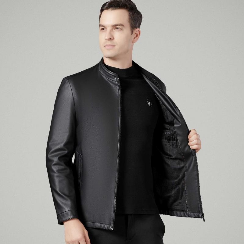Autumn new men's leather jacket business casual leather top middle-aged father sheepskin stand-up collar jacket