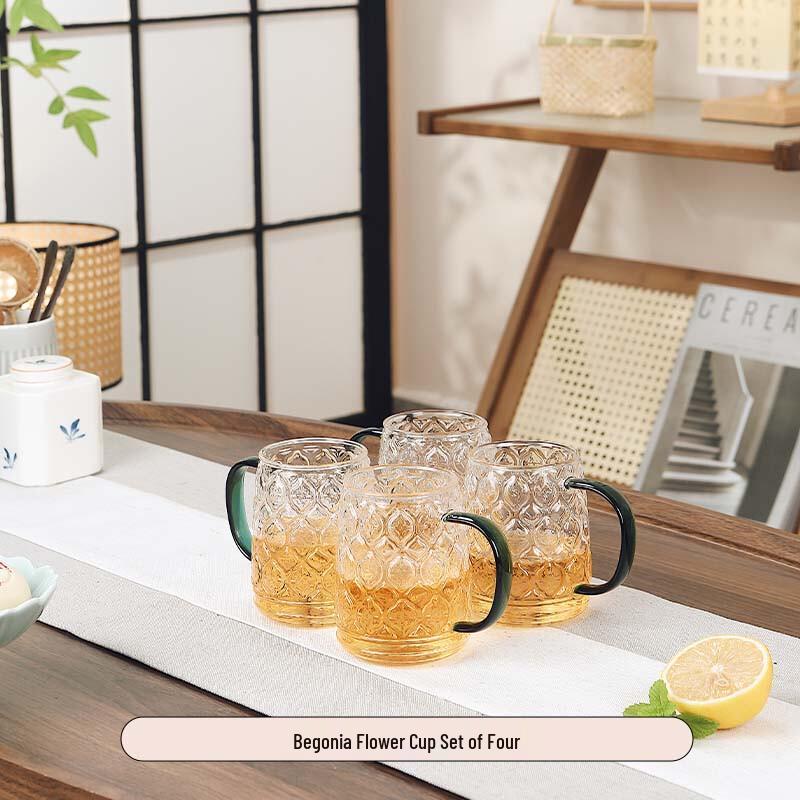 Retro Begonia Flower Glass Teacup Set with Handles