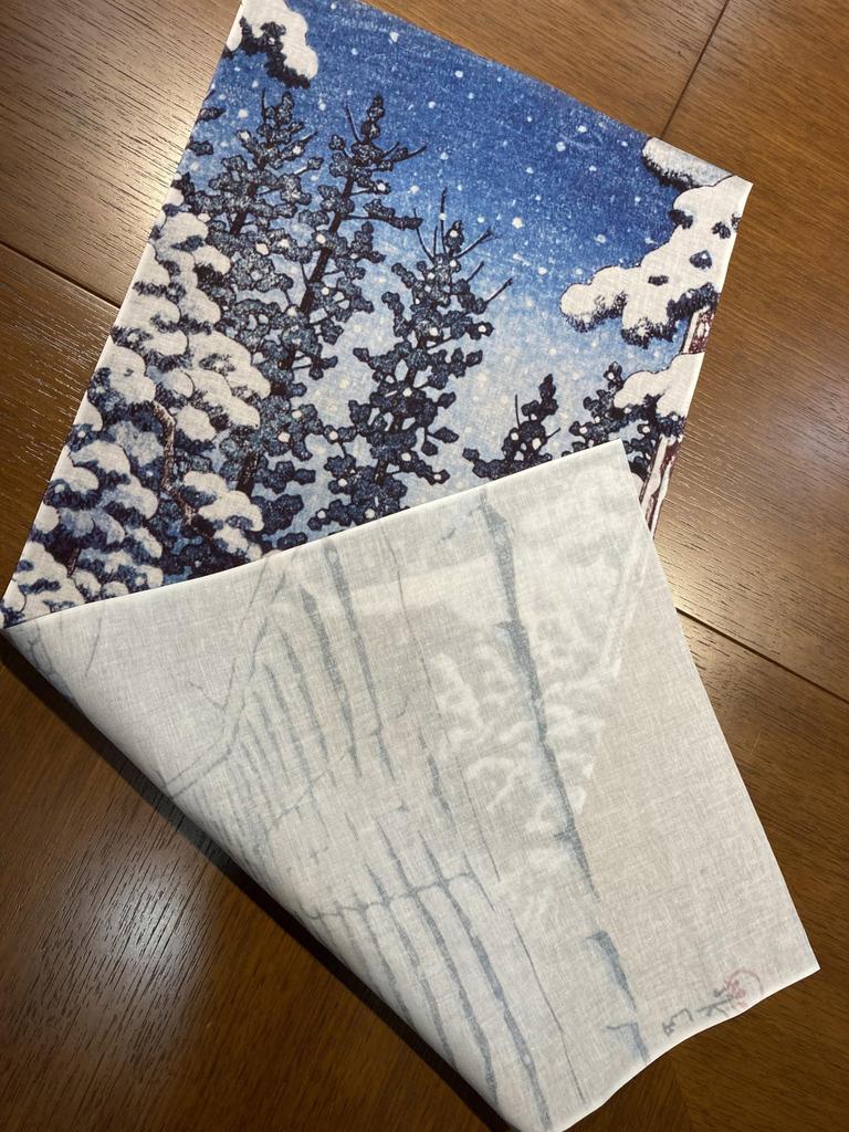 Ukiyo-e prints from all times and places: Tenugui (hand towel) featuring Kawase Hasui and Hiraizumi Konjikido Temple.