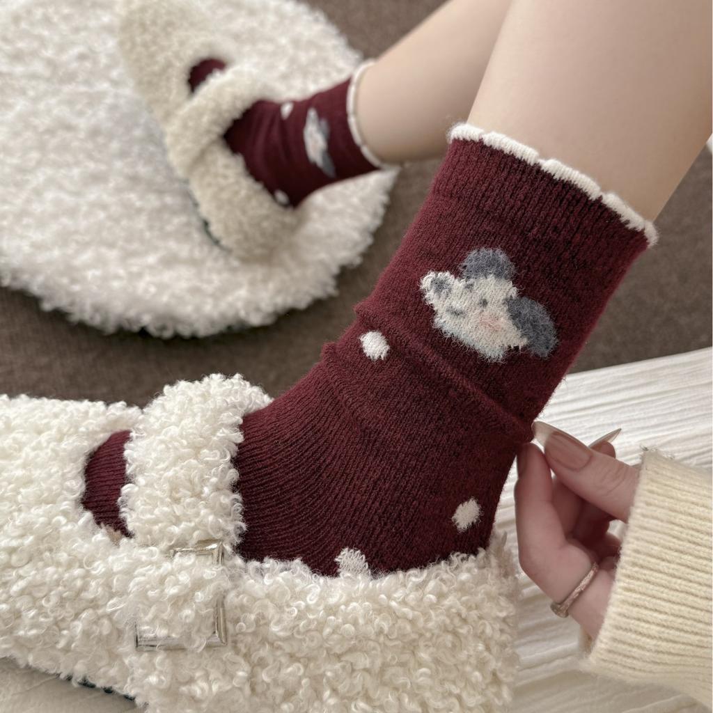 New Year'S Red Socks Mid-Leg Socks Thickened Warm Cartoon Cat Puppy Christmas Vibe Wool Socks