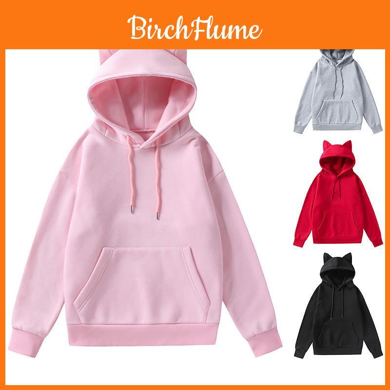 Felpa Base con Orecchie da Gatto da Donna con Scollo a V e Tessuto in Poliestere per Uso Casual Primaverile