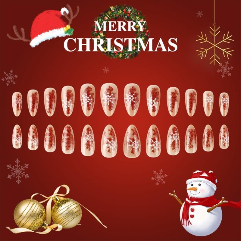 Medium Almond Christmas Press On Nails Glitters Design Full Cover Glossy Acrylic Nails False Nail Decoration 24pcs