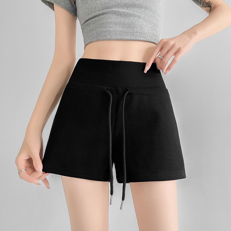 

Women s High-Waisted Slimming Sports Shorts - Summer Casual, Breathable, Stretchy, Ribbed with Double Waistband and Drawstring Large чорний