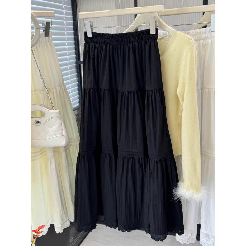 Women's White High Waist Pleated Lace Patchwork Midi Skirt - Summer A-Line Swing