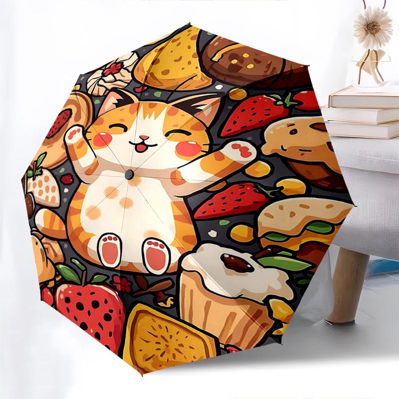 

1pc Automatic Folding Umbrella with Cute Cat and Food Print, Portable 3-Fold Design, 8-Bone Iron Frame, Outdoor, Perfect Gift for Fans, Travelers, Dai