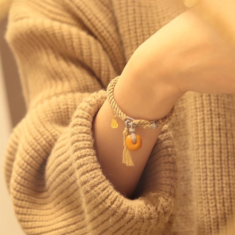 Orange Dream Mountain Old Amber Pendant Tassel Gourd Woven Bracelet Fashionable Elegant Ethnic Style Hand Rope