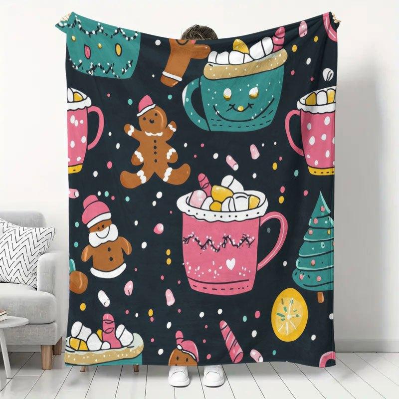 1pc Winter Christmas Style Gingerbread Man Hot Chocolate Printed Fleece Blanket, Office Nap Blanket, Home Living Room Sofa Warm Throw Blanket, Room De