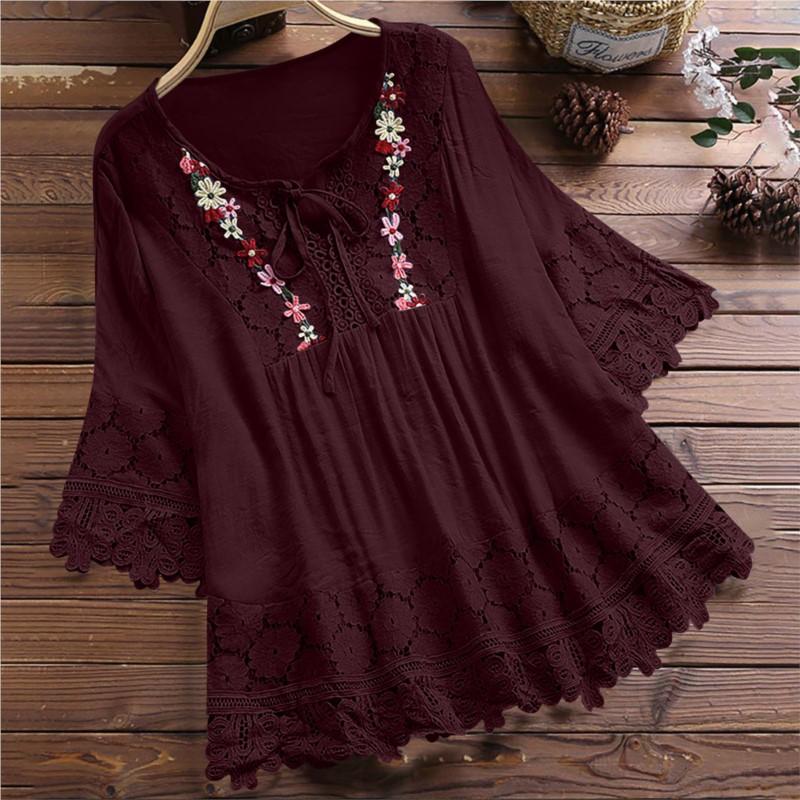 Summer Blouse Women V Neck Lace Shirt  Blouse Elegant Women s Fashion Casual Lady Loose Linen Shirts S винный