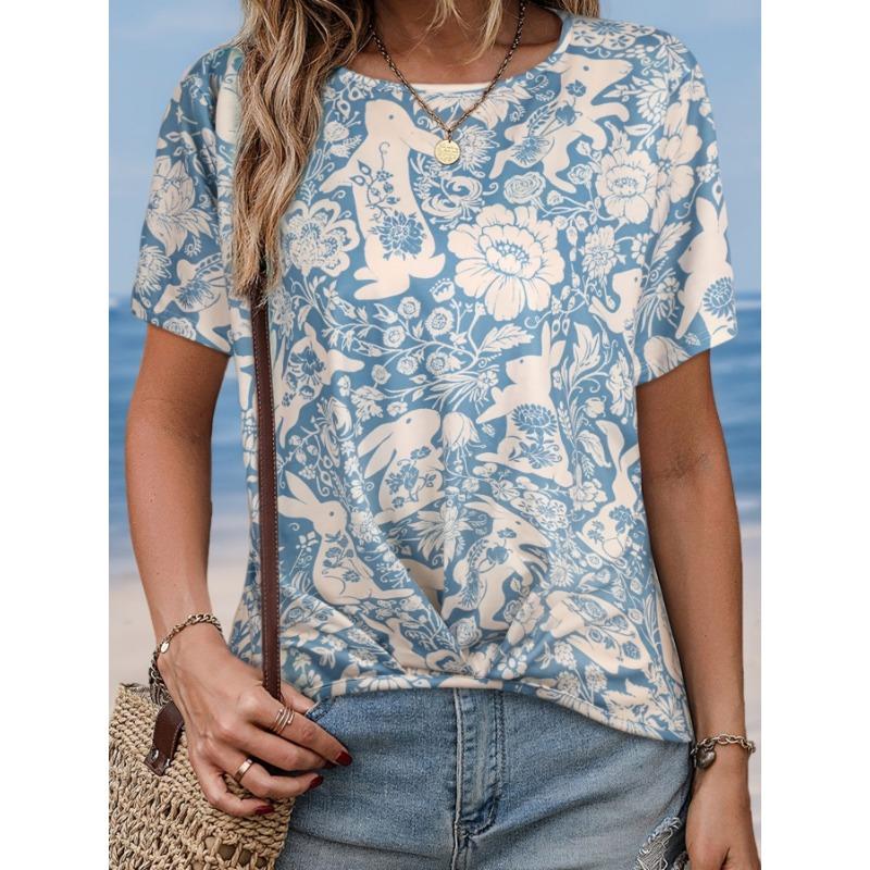 Women's Summer Casual Round Neck Short Sleeve Floral Pattern Top Wear Ladies T-shirt Mother's Day Gift