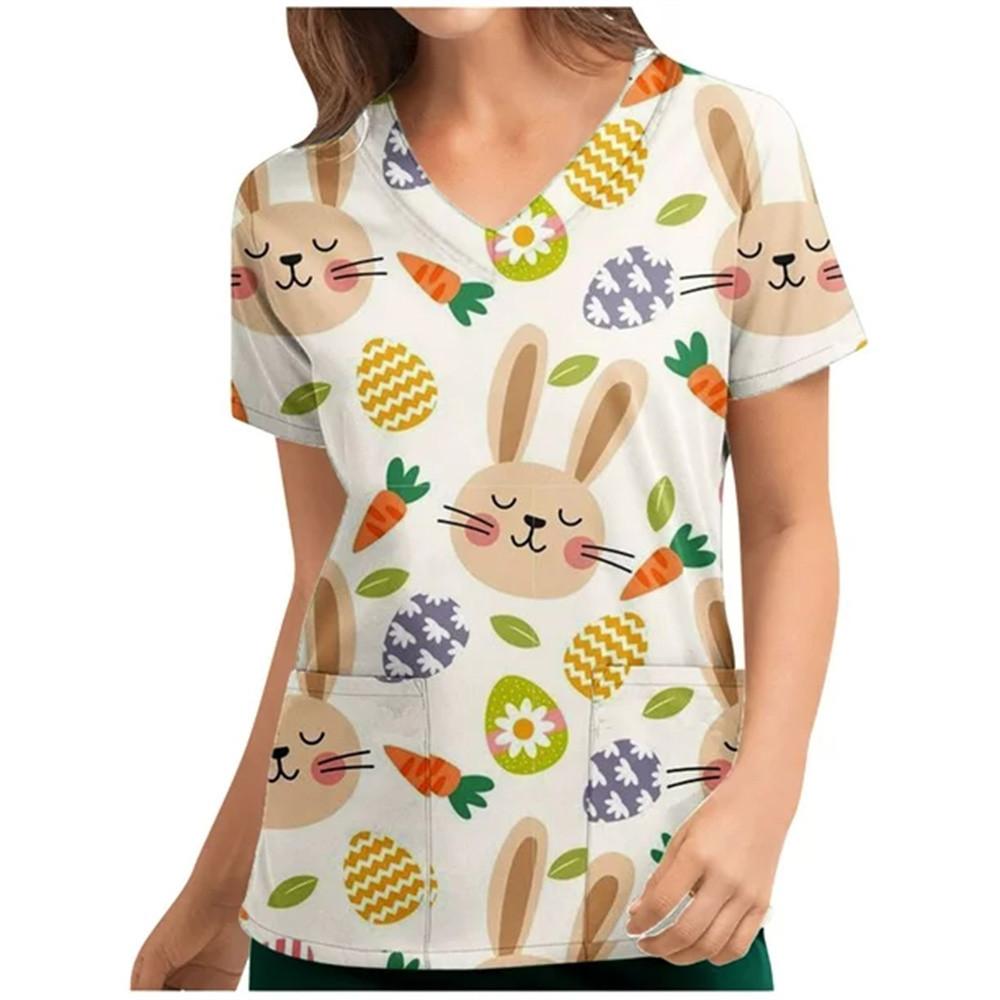 Women Cartoon Rabbit Print V-Neck Patched Pocket Medical Uniforms Nursing Short Sleeve Tops Nursing Uniforms For Women
