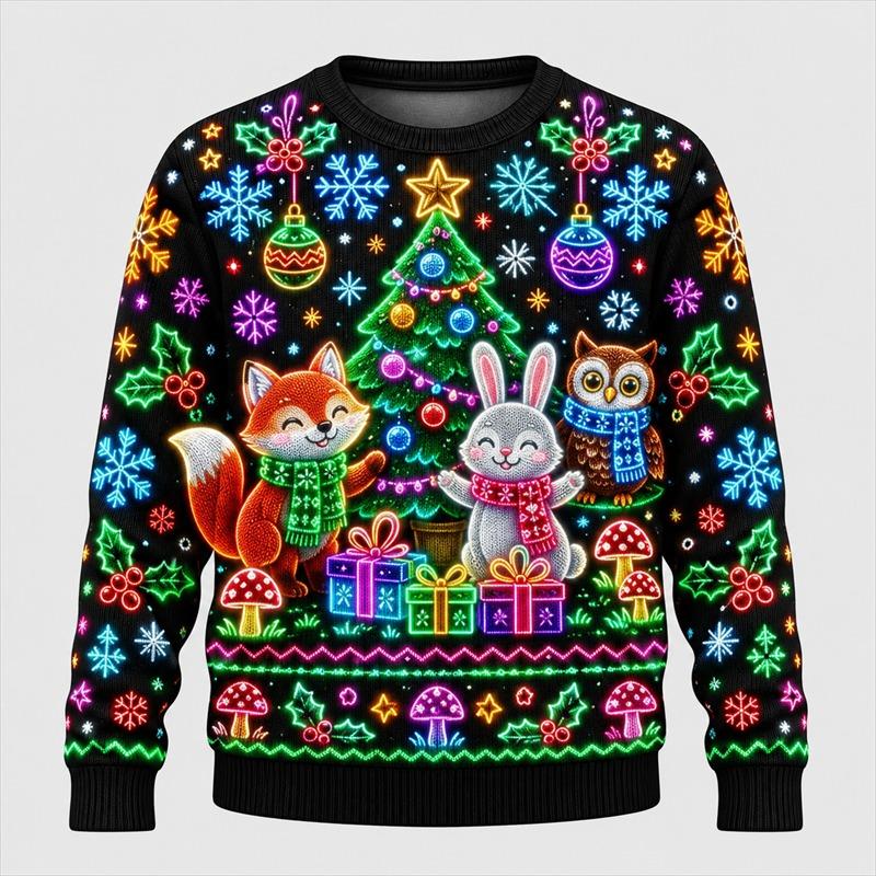 Maglione Brutto di Natale con Stampa al Neon per Uomo Moda Festiva Manica Lunga Felpe per Riunioni Pullover Oversize Casual