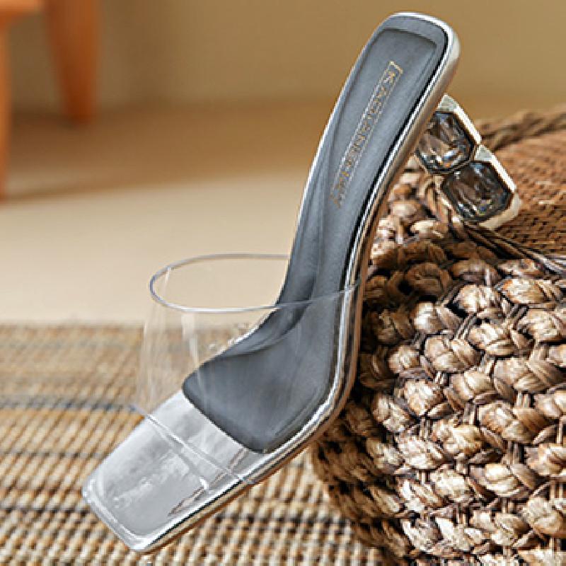Fashion Luxury Rhinestone Thin Heel Women Sandals Transparent PVC Square Toe Slide Sandals Summer Fashion Sexy Open Toe Designer Shoes