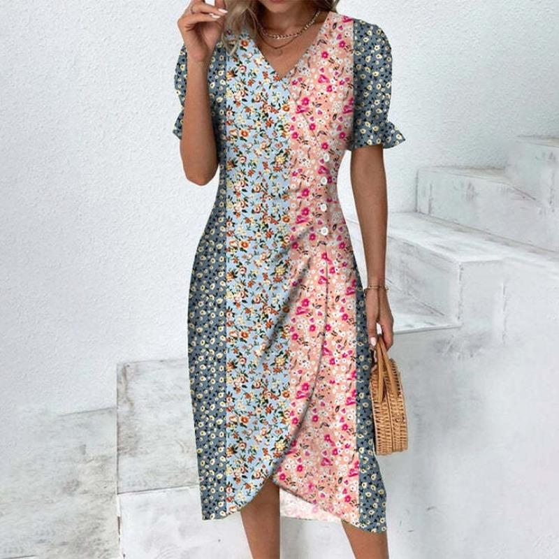 TIFICY Damenmode Sommer Frühling Blumenmuster Druck Kurzarm V-Ausschnitt Hohe Taille Freizeitkleider