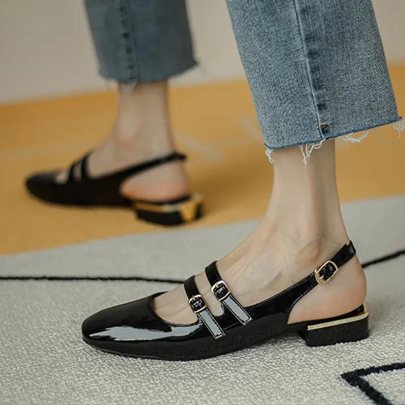 

Women Sandals Summer Shoes Woman Flats Double Buckle Mary Janes Shoes Patent Leather Dress Shoes Back 38 чорний