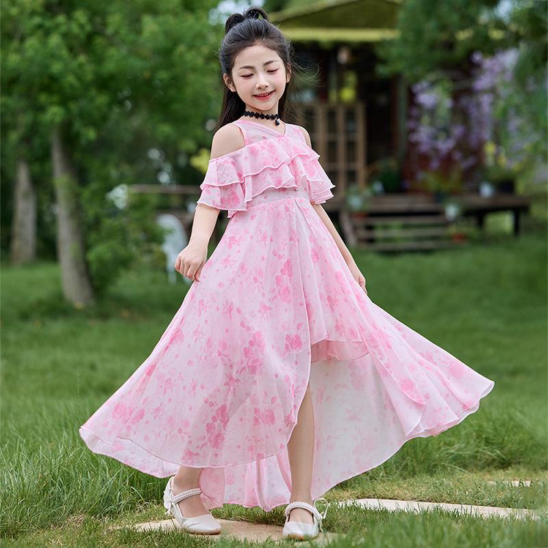 Girls Kids Summer Floral Trailing Hem Off Shoulder Chiffon Dress 120cm