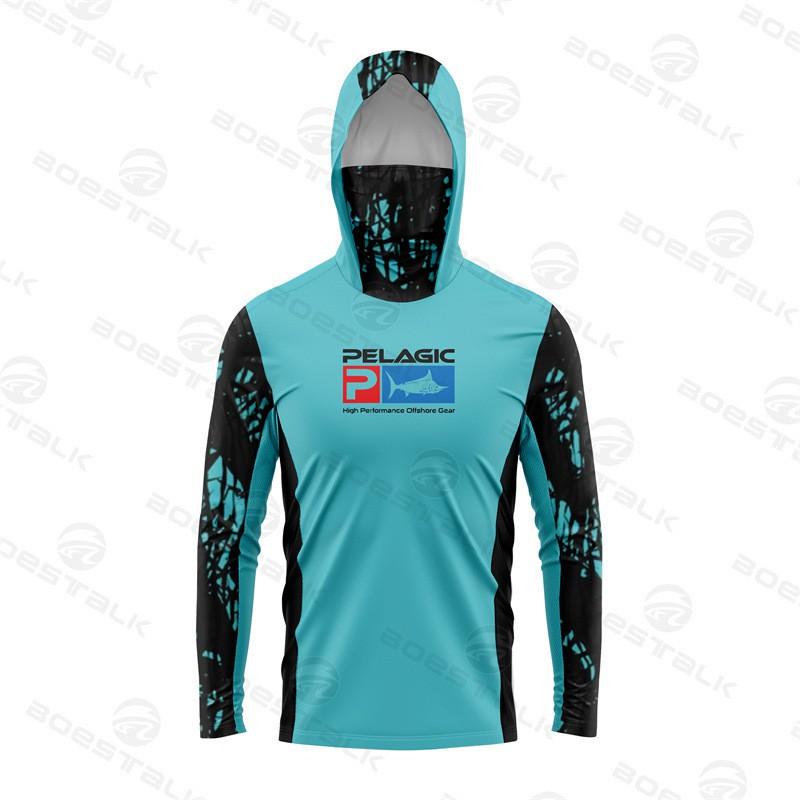 Mens UPF 50 Quick Dry Breathable Hooded Fishing Rash Guard With Face Cover Surfing Diving Water Sports
