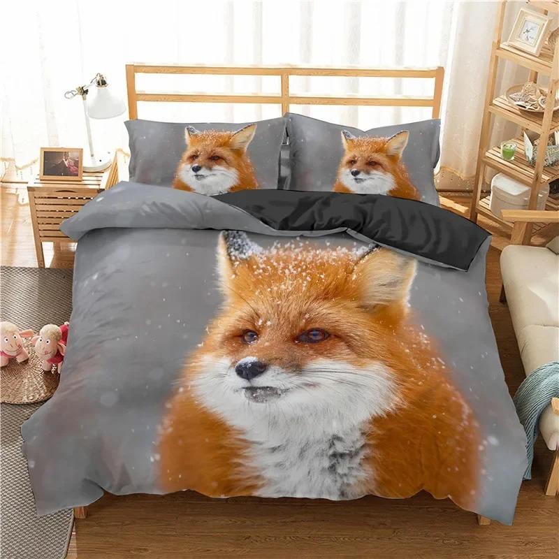 Cartoon Fuchs Bettwäsche Set Niedlicher Fuchs mit Blume Feder Stirnband Bettbezug Einzelbett Doppelbett Queen-Size King-Size Polyester Bettbezug Mädchen Jungen