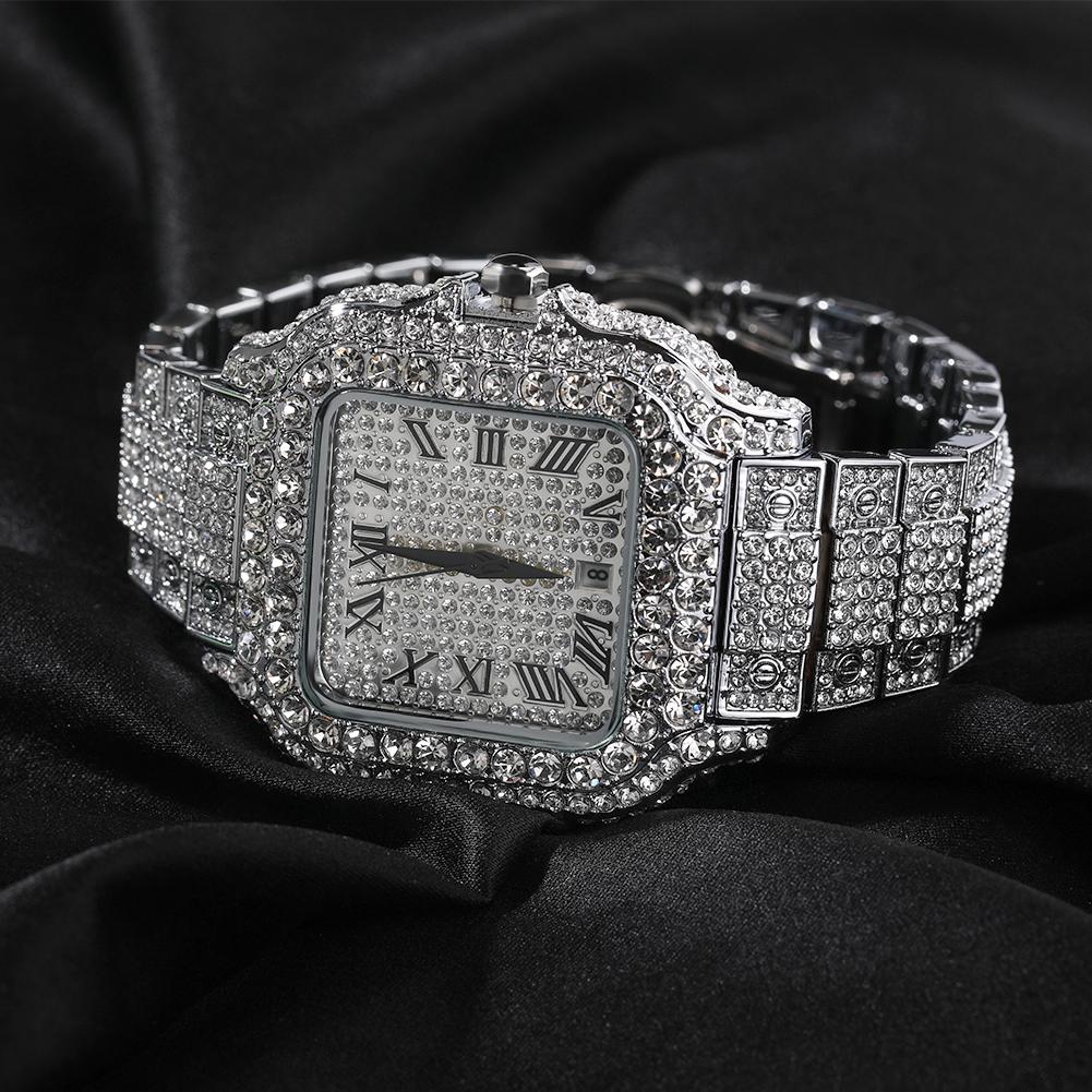 UWIN Hip Hop Full Iced Out Square Wrist Watch Roman Numerals Diamond Dial Quartz Watches Waterproof Clock Watch for Men Women