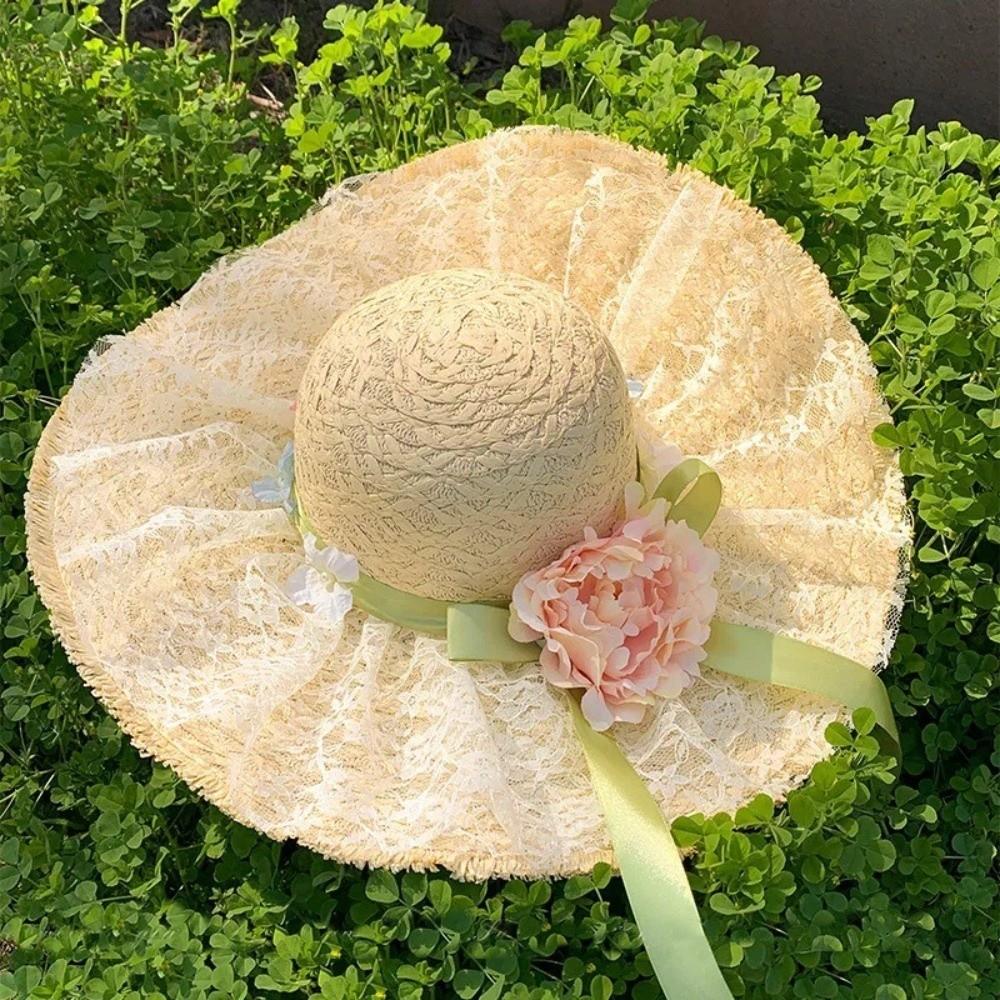 Flower Vacation Beach Cap Breathable Woven Sun Cap Sweet Lafite Straw Hat  Masquerade