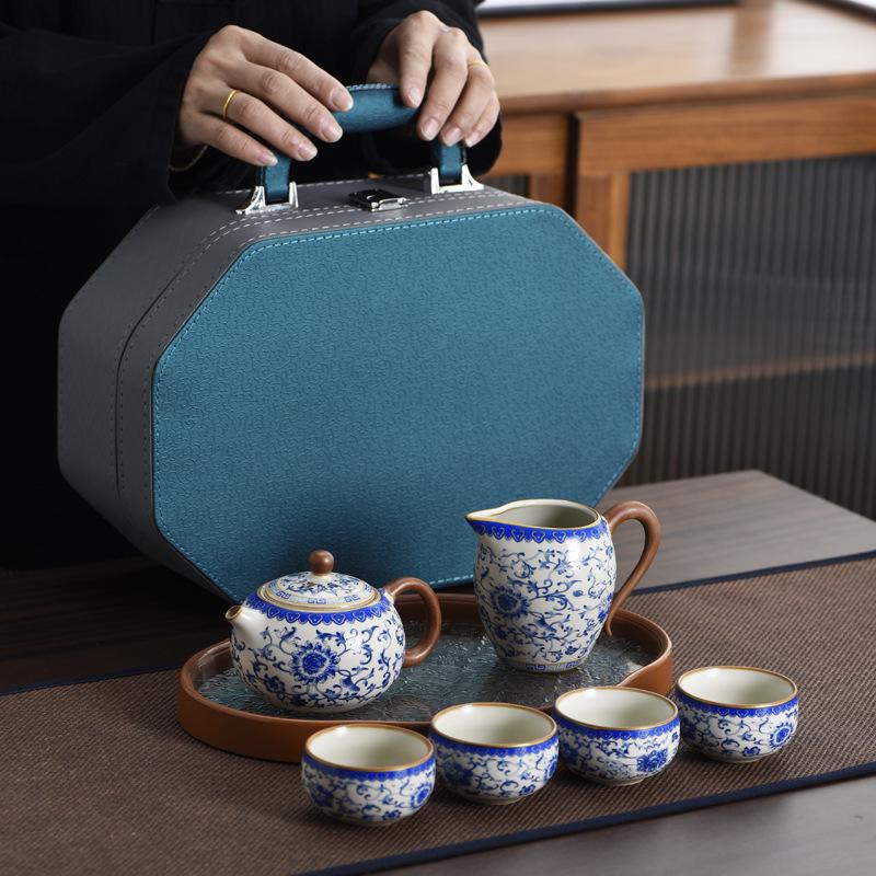 Ru Kiln Lotus Scroll Kung Fu Tea Set – Blue & White Ceramic Teapot Gift Box with Logo