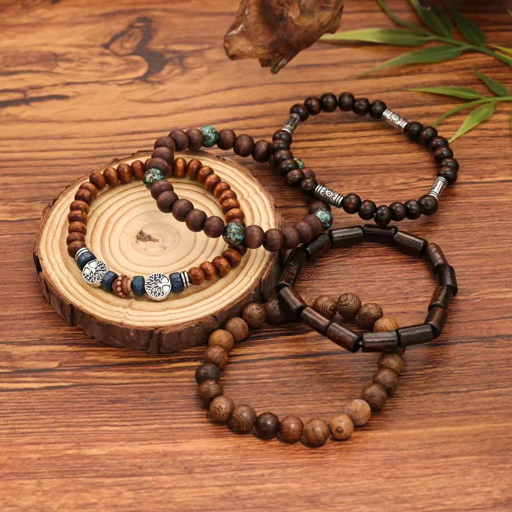 Hot-selling Handmade Beaded Bracelet Men's Retro Style Multi-layer Elastic Line Wooden Bead Life Tree Bracelet