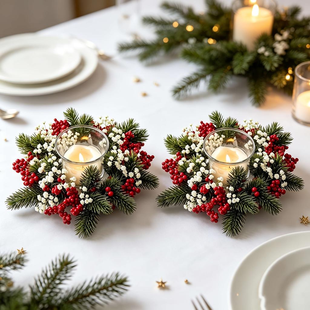 2pcs Artificial Candle Ring Candlestick, with Red Berries And Pine Cones Baby's Breath, for Home, Christmas, Tabletop Decoration Candle Holder