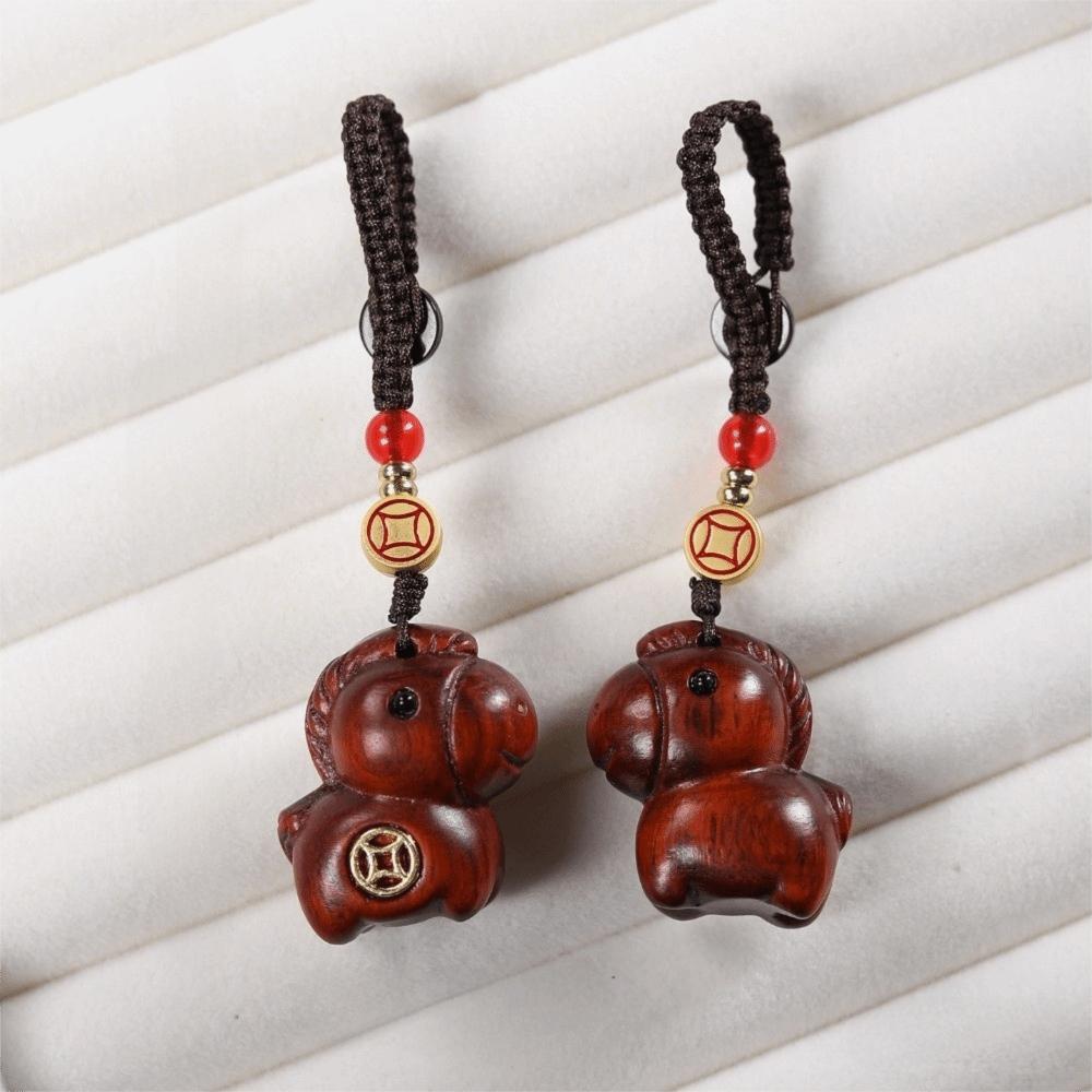 Zodiac Horse Key Chain Sandalwood Cartoon Wood Phone Chain Handmade Rope Lanyard Bag Pendant Mascot of the Year of the Horse