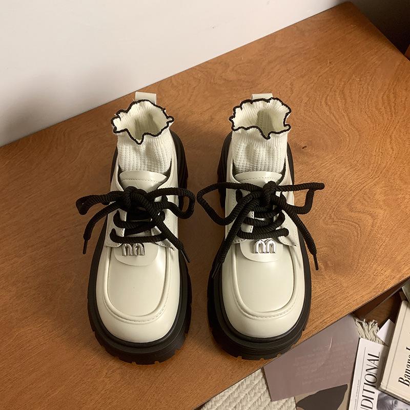 Женские ретро лоферы большого размера в британском стиле - Осень 2025 Толстая подошва Увеличивающие рост Обувь на шнуровке 37 белыйкремовый 3930₽