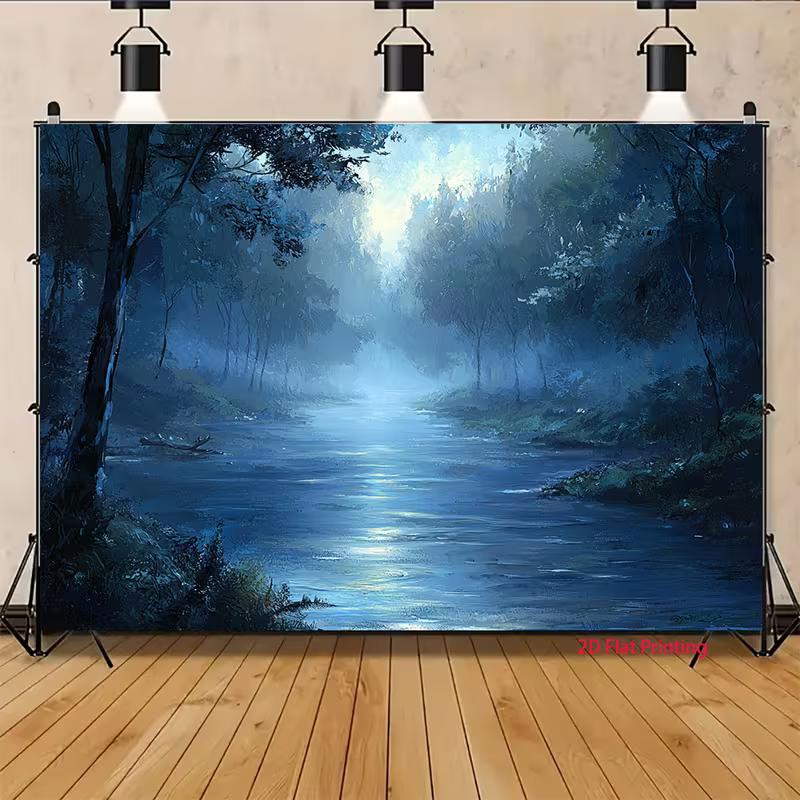 2D Dreamy Forest River Backdrop Misty Blue Trees Studio Portrait Background