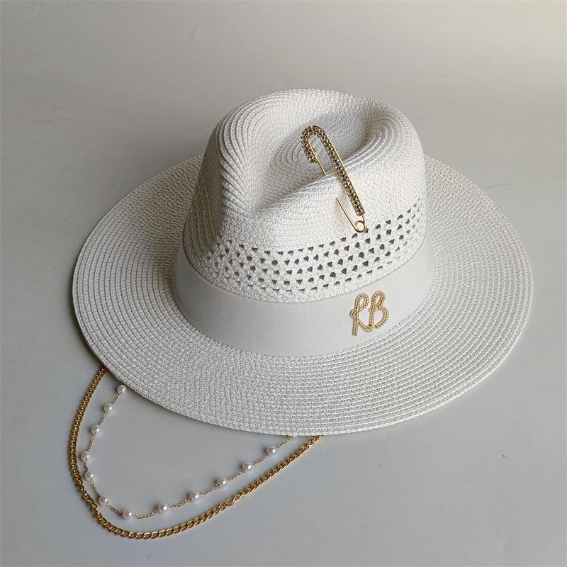 Beige Straw Hat Pearl Chain DIY Flat Top Sun Hat New Korean Elastic Ribbon Hat Beach Hat Candy Color Sun Hat