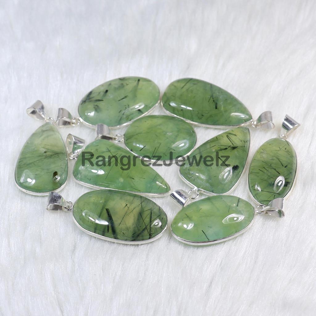 Prehnite Pendant Bezel Pendant Green Prehnite Gemstone Pendant Sterling Silver Pendant Necklace Mix Shape Prehnite Crystal Pendant Jewelry