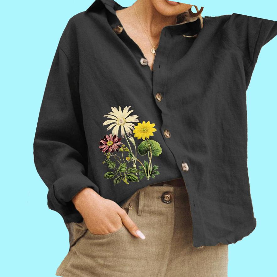 

Женская модная блузка с цветочным принтом, женская хлопковая льняная рубашка с длинным рукавом и застежкой на пуговицы L чёрный