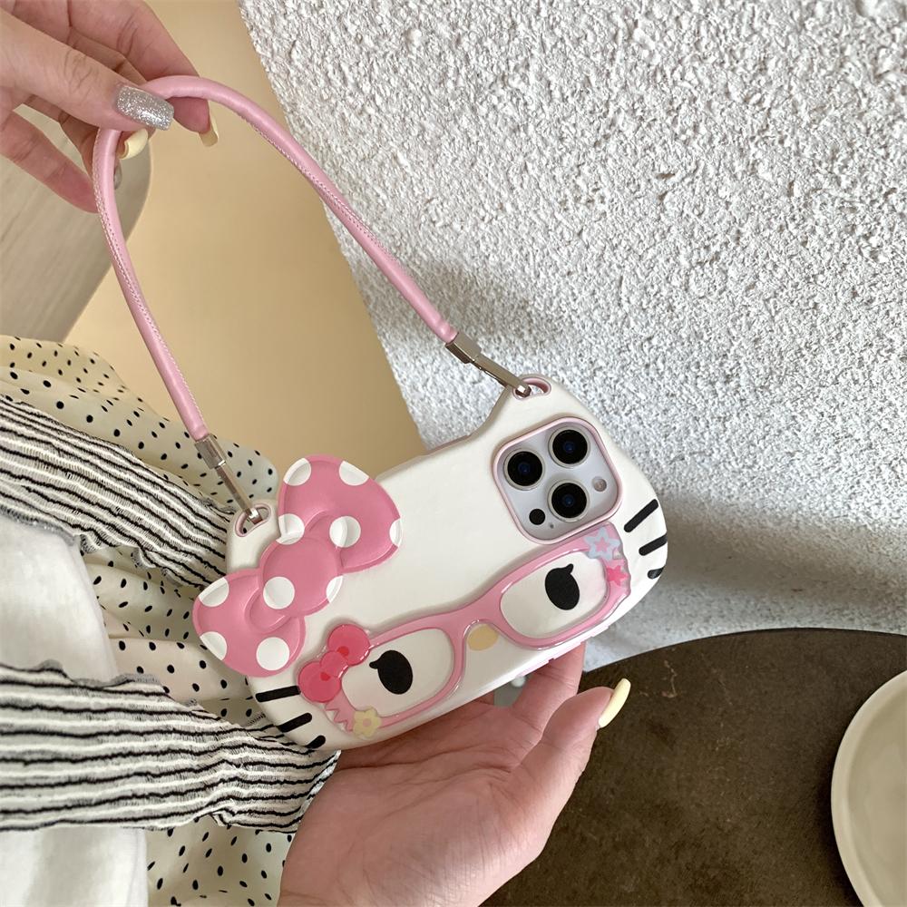 3D Hello Kitty Brille Niedliche Rosa Schleife Süße Handyhülle Für iPhone 16 15 14 13 12 11 Pro Max 16 PLUS Handschlaufe Kordel Rückseite