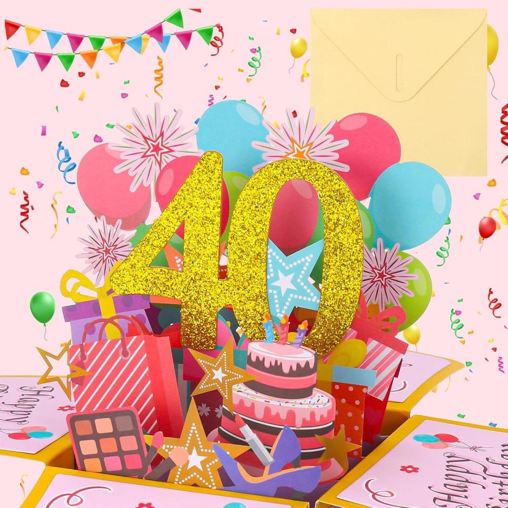 Geburtstagskarte zum 40., für Ehefrau, Ehemann, Frauen, 3D-Pop-Up-Grußkarte mit Notiz und Umschlag, Geschenke zum 40. Geburtstag