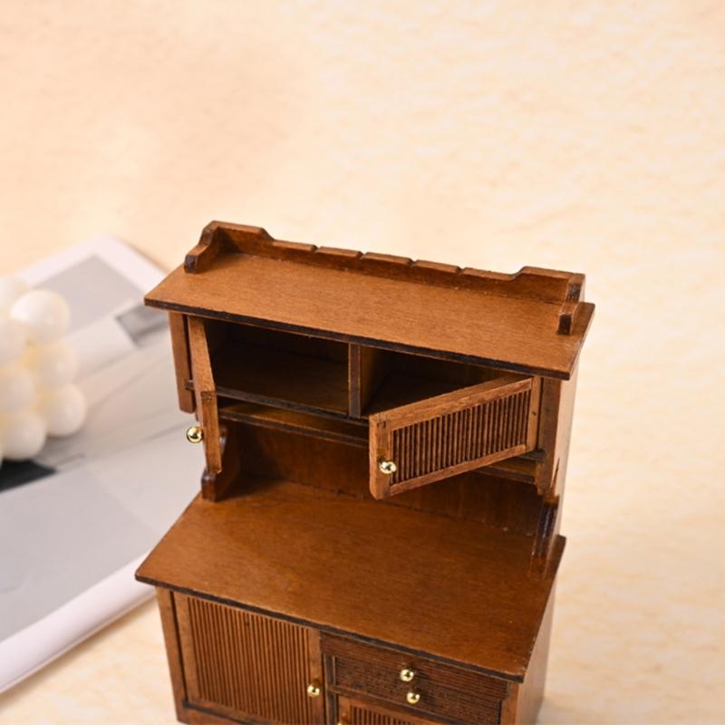 Wooden Miniature Sideboard Cabinet with Functional Door for 1/12 Dollhouses Furnishing Realistic Landscape Scene Decors