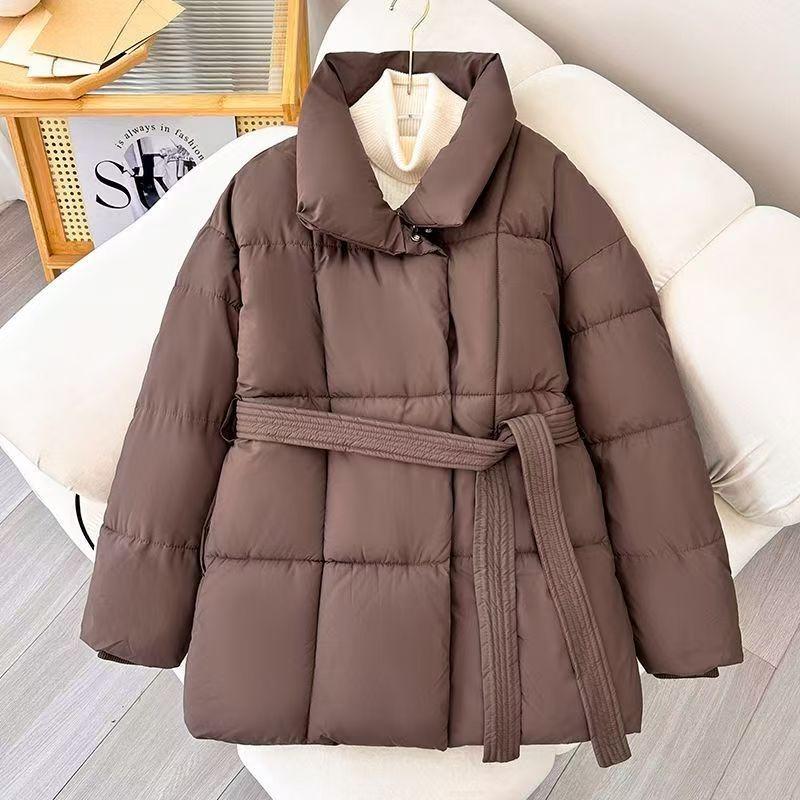 Women S Waist Tied Stand Collar Cotton Coat Solid Color Korean Style