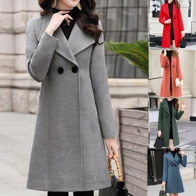 Women Work Solid Vintage Winter  Long Sleeve Button Woolen Jacket Coat