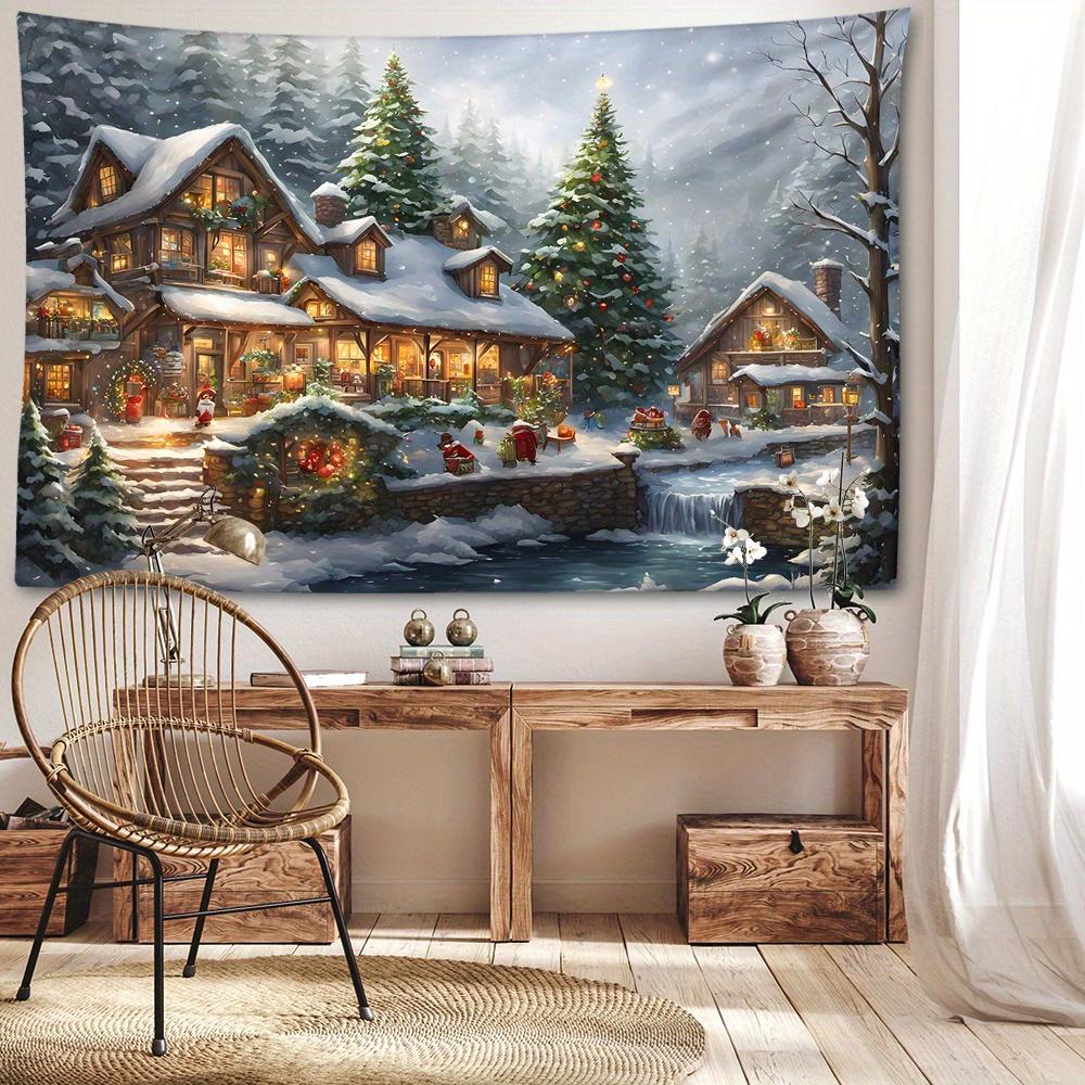 Christmas Themed Tapestry, Festive Town with Christmas Trees Corridor Scene, Polyester Woven Wall Hanging, Animal & Nature Pattern, Brushed Fabric, 90