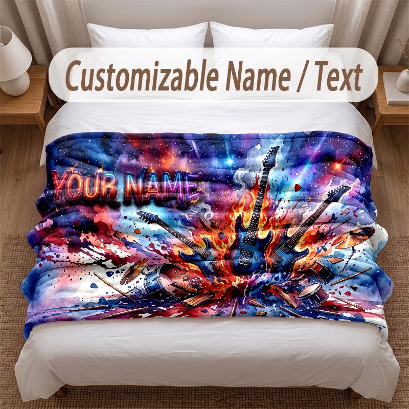 Music Guitar Theme Soft Blanket Personalized Custom Name Text Print Warm Blanket Home Sofa Bedroom Decor