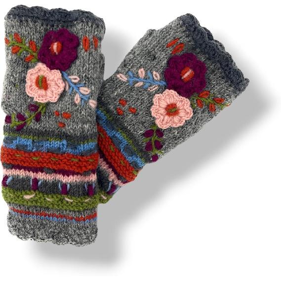 Ella Sussman Hand Knit Fingerless Embroidered 2 Flower Gloves Embroidered Wool Fleece Lined Texting Mittens Arm Warmers