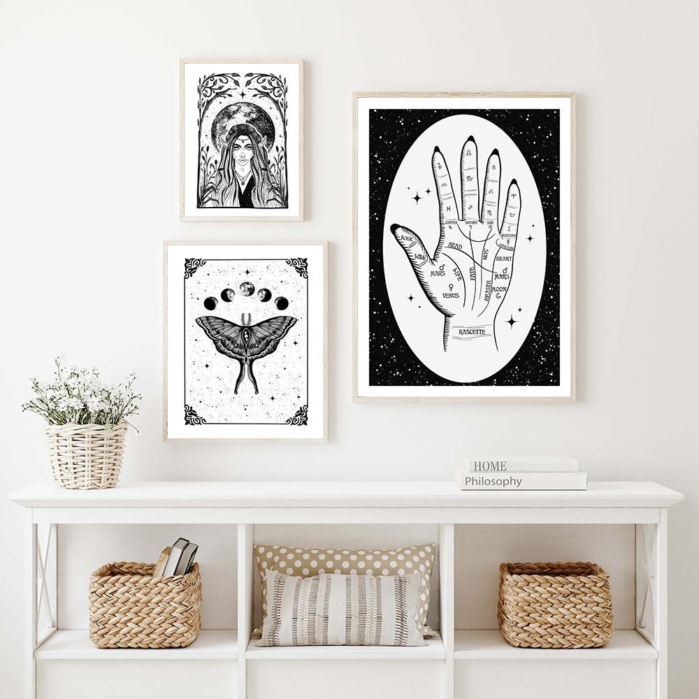 Moon Tarot Card Zodiac Chart Wall Art Mural Retro Occult Tattoo Flash Sheet Canvas Painting Witchy Palmistry Posters Wall Decor