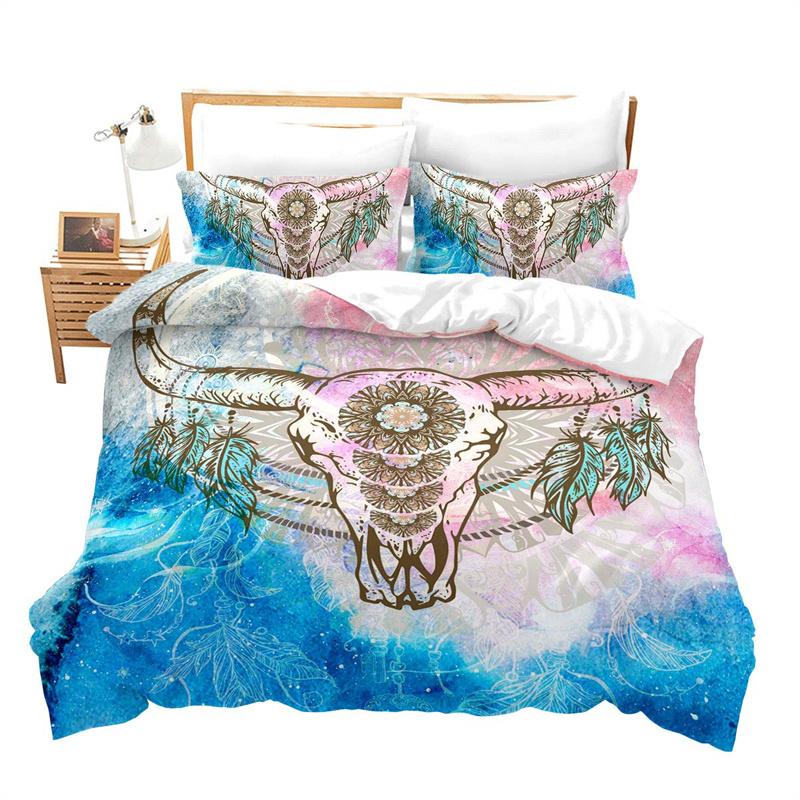 Farm Animal Duvet Cover Set Single King Queen Bohemian Mandala Bedding Set Microfiber Deer Bull Head Cow Skull Comforter Cover
