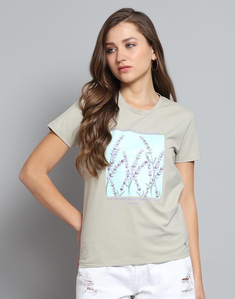 Monte Carlo Womens Printed Grey Round Neck Half Sleeve Top