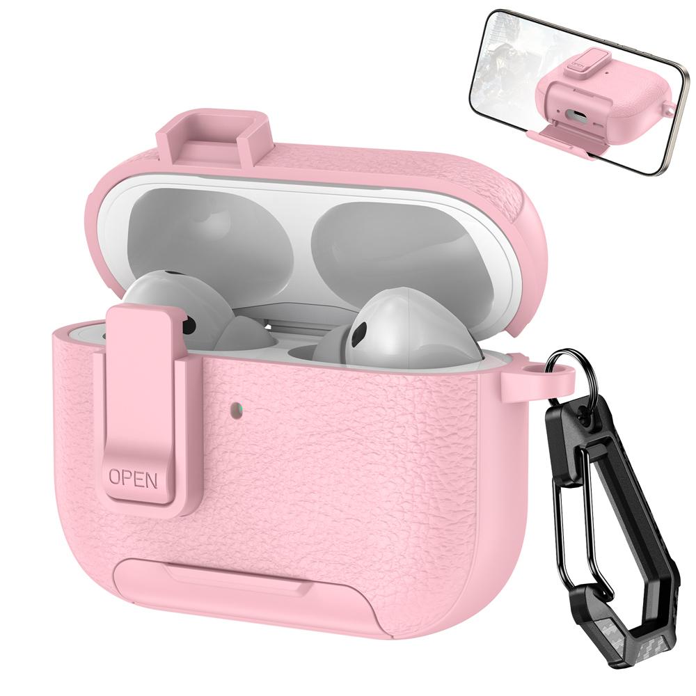 KEYSION with Carabiner Lock Phone Stand Protective Earphone Case for AirPods Pro 3 Pro 2 Soft TPU+PC Shockproof Cover for AirPods 4 3 2 1