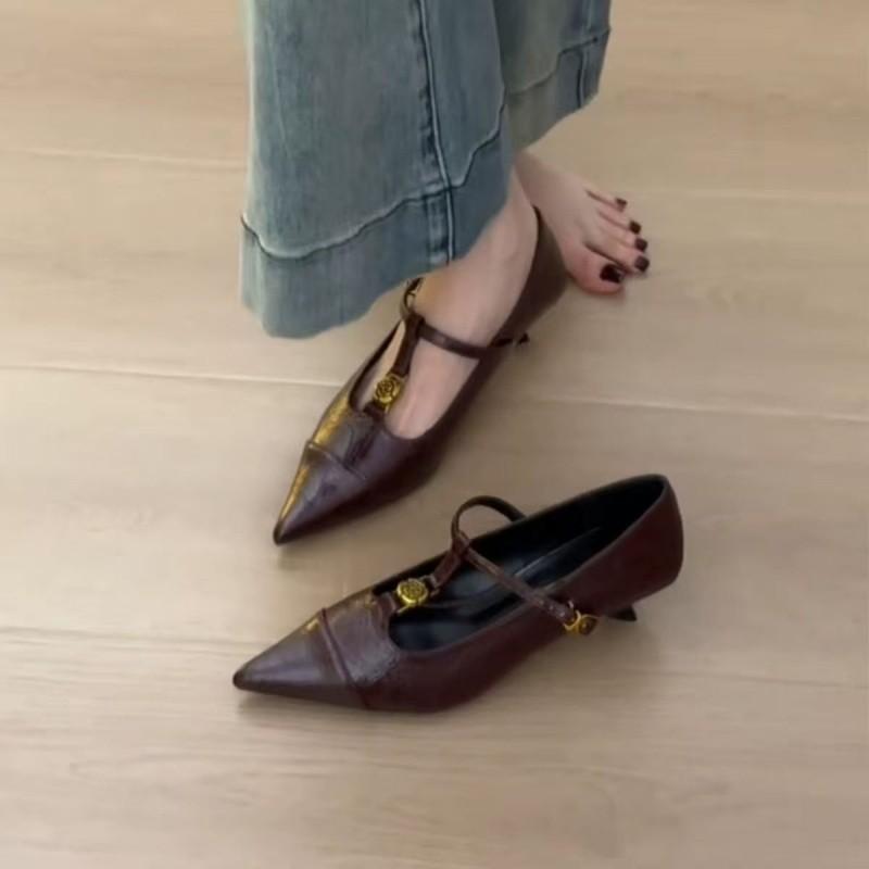 Premium sense pointed single shoes women's thin heels 2025 French temperament camellia shallow mouth evening Mary Jane high heels