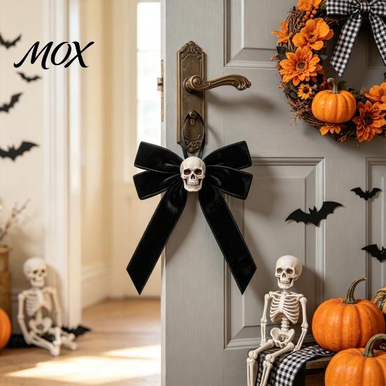 Retro Distressed Skull Accessory Halloween Velvet Bows with Ornaments for Tree Decoration, Black Flannel Skeleton Wall Decor Gothic Bow Hanging