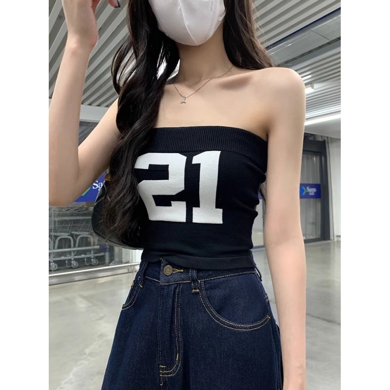 Kumikumi American Digital Print Knitted Tube Top Vest Women clothes Summer Slim fit Slimming Short Gyaru Top