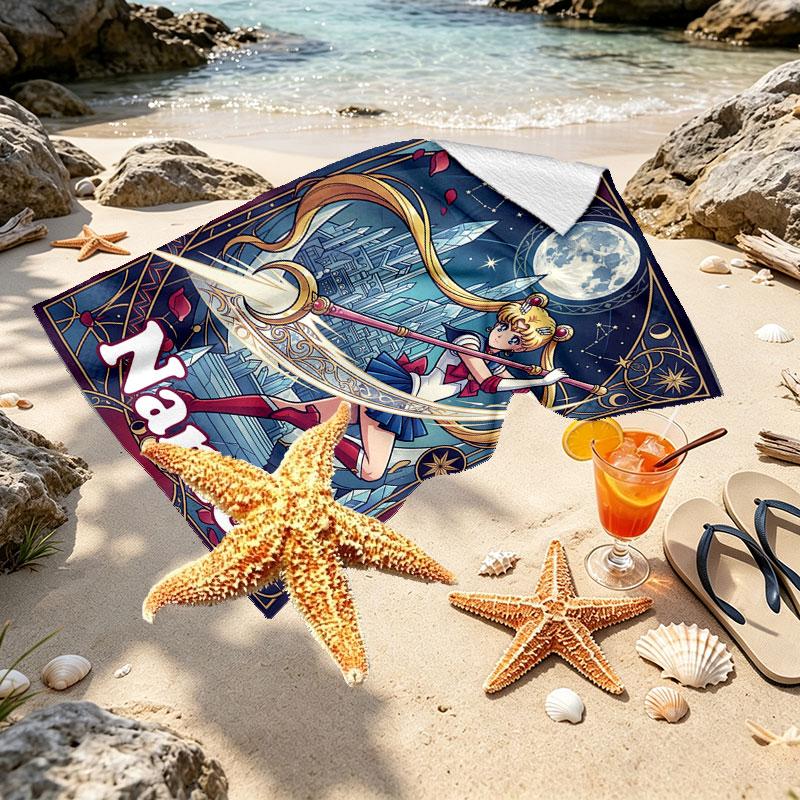 Custom Name Personalized Sailor Moon Print Beach Towel, for Trip Camping Beach Party Home Decor, Birthday Gift for Family & Friends